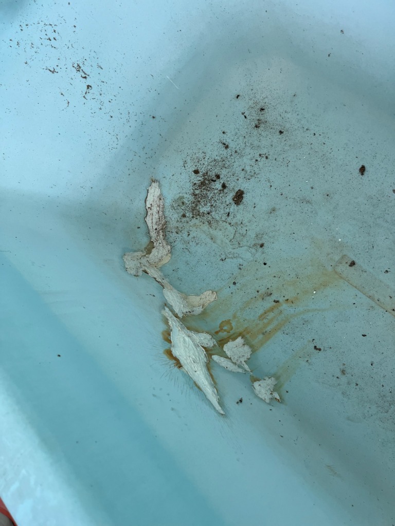 過去のサビ補修跡が残り、その周囲から赤錆がにじみ出ているホーロー浴槽